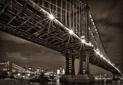 Brooklyn Bridge at night sepia tone Brooklyn Bridge at night sepia tone