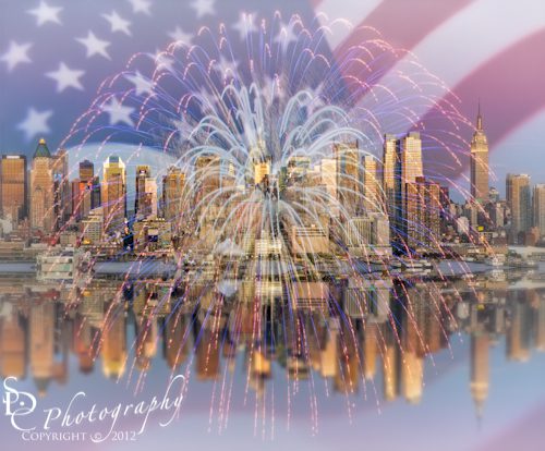 Happy Birthday Americ "Happy Birthday America" Composite of the American Flag, New York City Skyline with a big firework from the Fourth of July Independance Day Celebration.